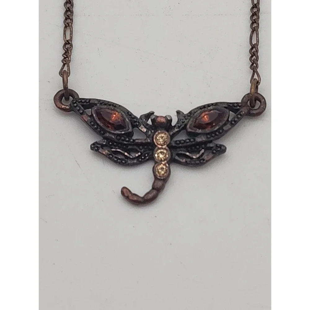 Vintage style copper‎ tone 1928 Dragonfly insect w/ rhinestones on 18